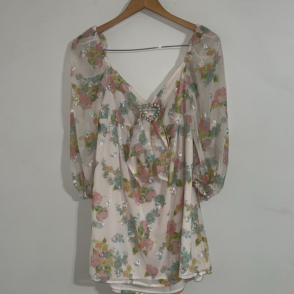 For Love Lemons Georgina Embellished Hearts Floral Babydoll Swing Mini Dress L - Picture 2 of 7